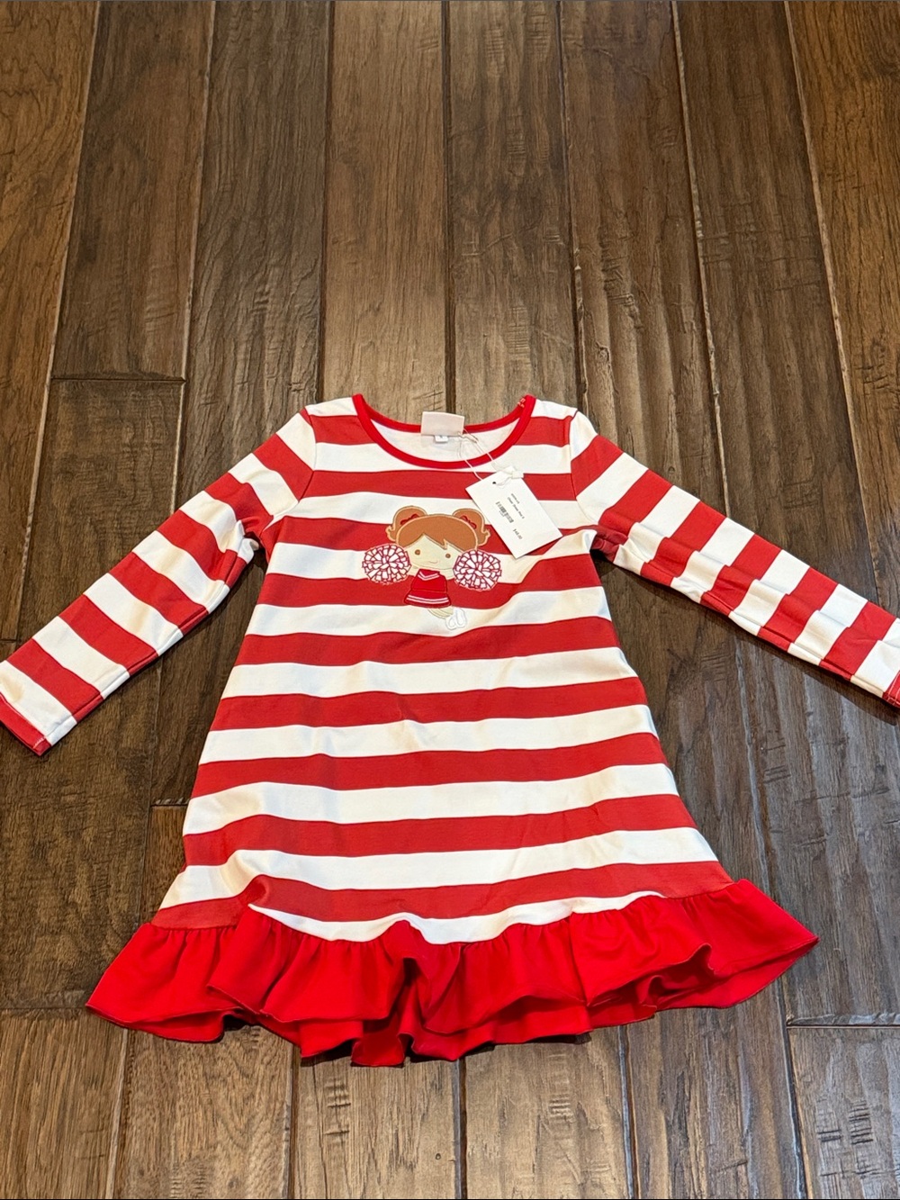 Girls' Red and White Stripe Ruffle Hem Dress with Cheerleader Applique